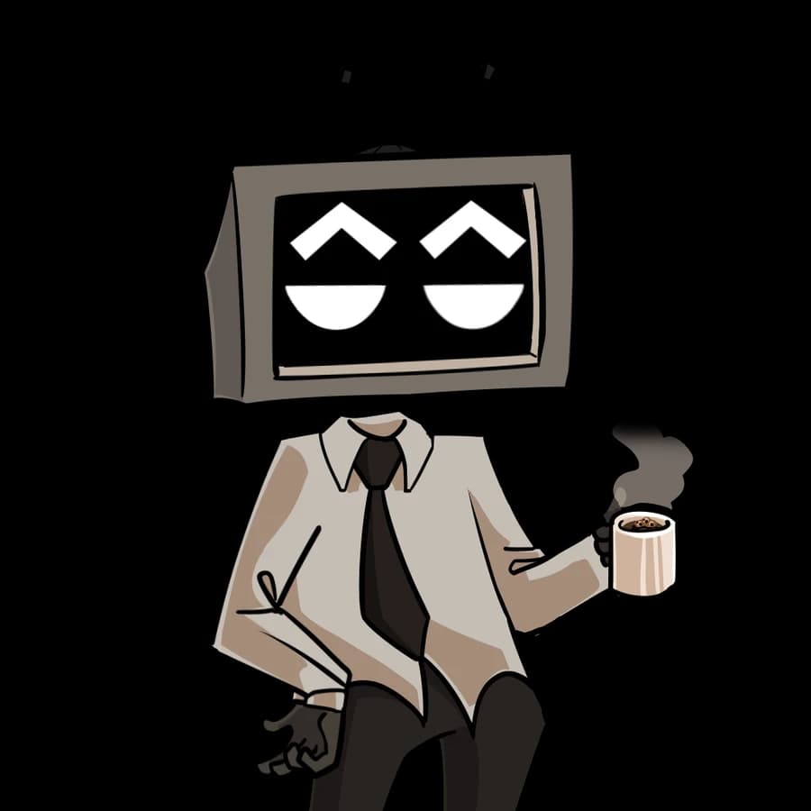 The mascot holding a cup of coffee